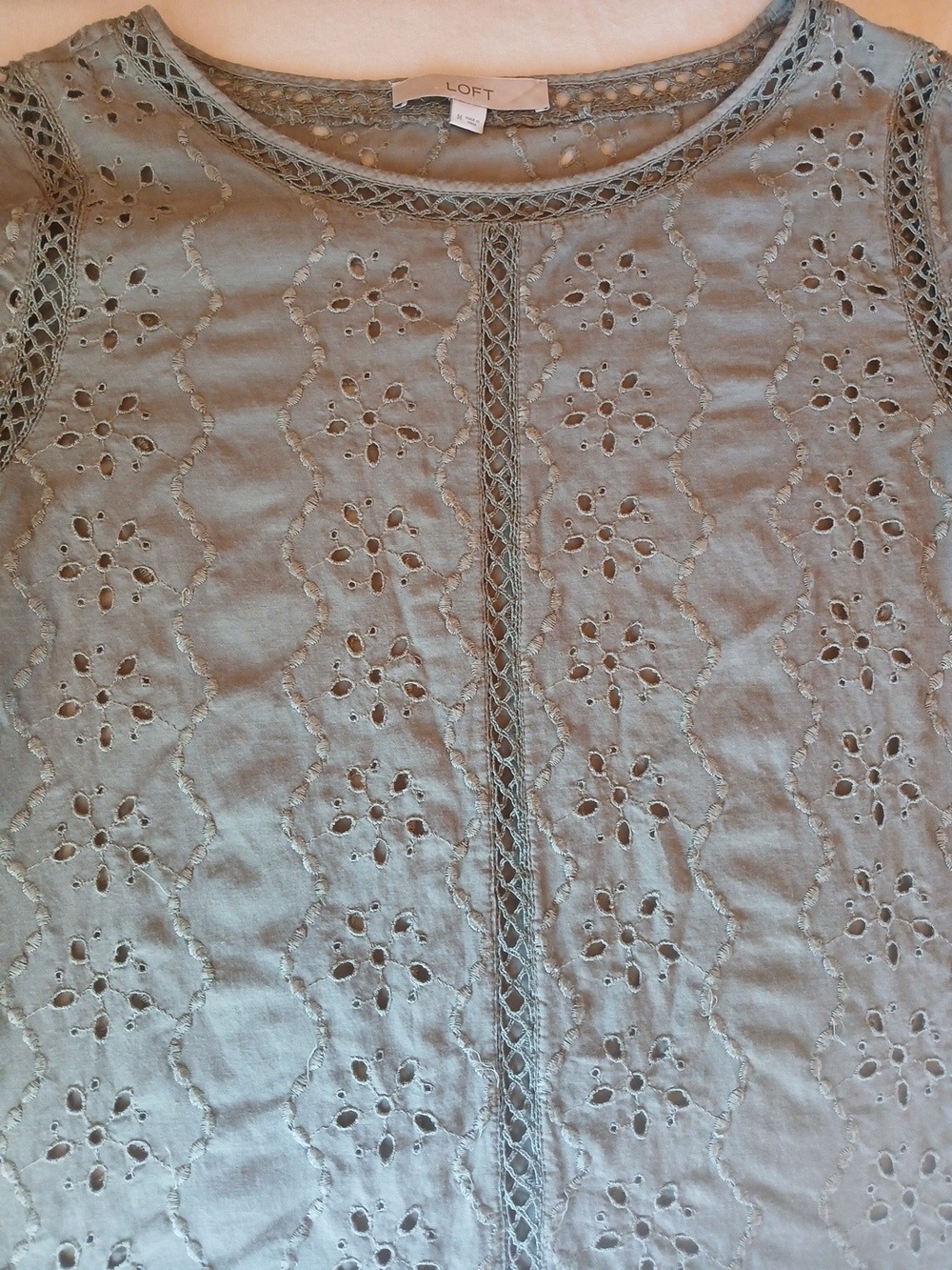 LOFT Olive Eyelet Short Sleeve Top